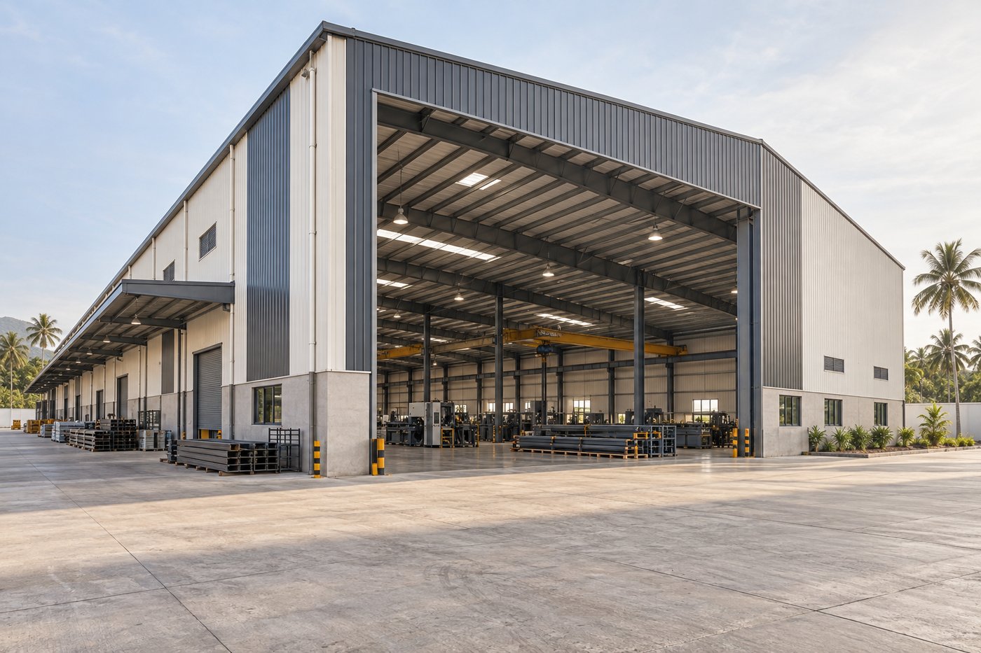 Steel framing and long-span roof of an industrial building